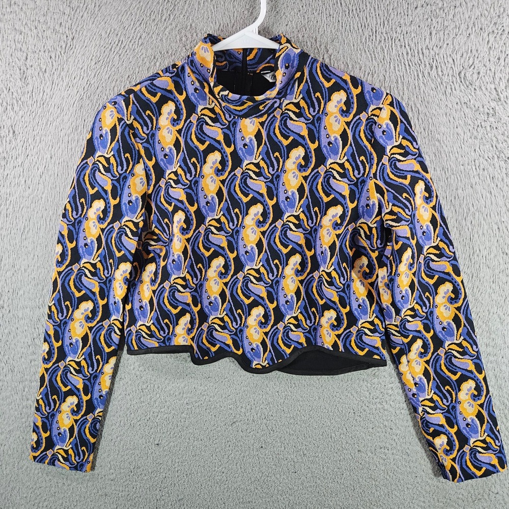 Zara Womens XS Abstract Print Mock Neck Cropped Top Long Sleeve Purple Yellow